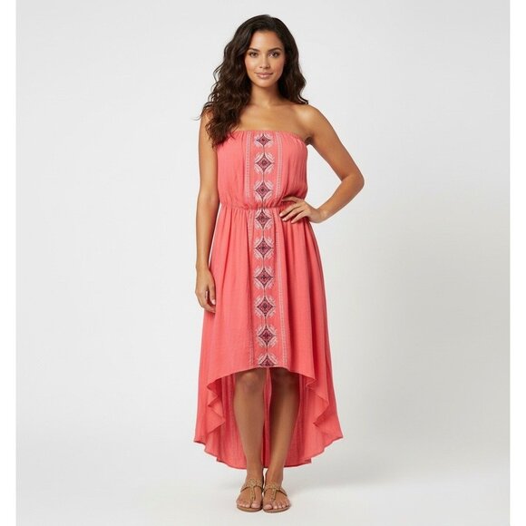 NWT Coral Embroidered Print High-Low Hem Cinched Waist Strapless Boho Midi Dress - Picture 1 of 10